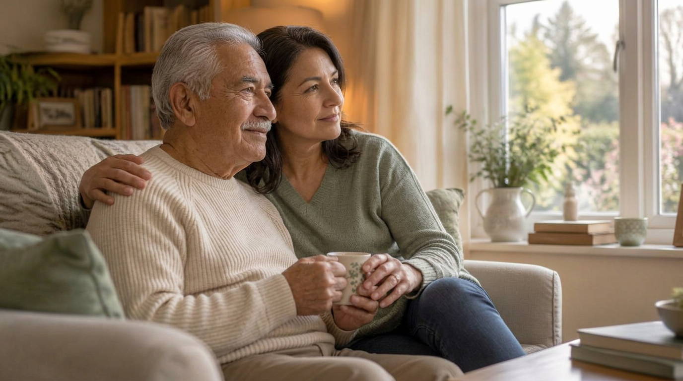 Madre y abuelo comparten un momento tranquilo mirando por la ventana